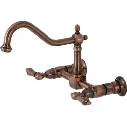 Kingston Brass KS124ALAC Heritage Two-Handle Wall Mount Bridge Kitchen Faucet, Antique Copper