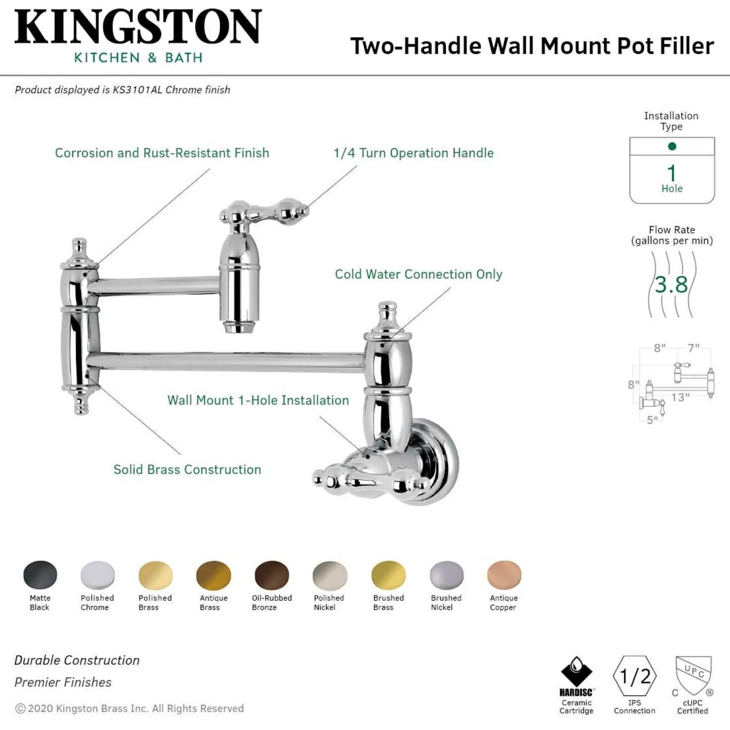 Kingston Brass KS310ALAC Restoration Wall Mount Pot Filler Kitchen Faucet, Antique Copper