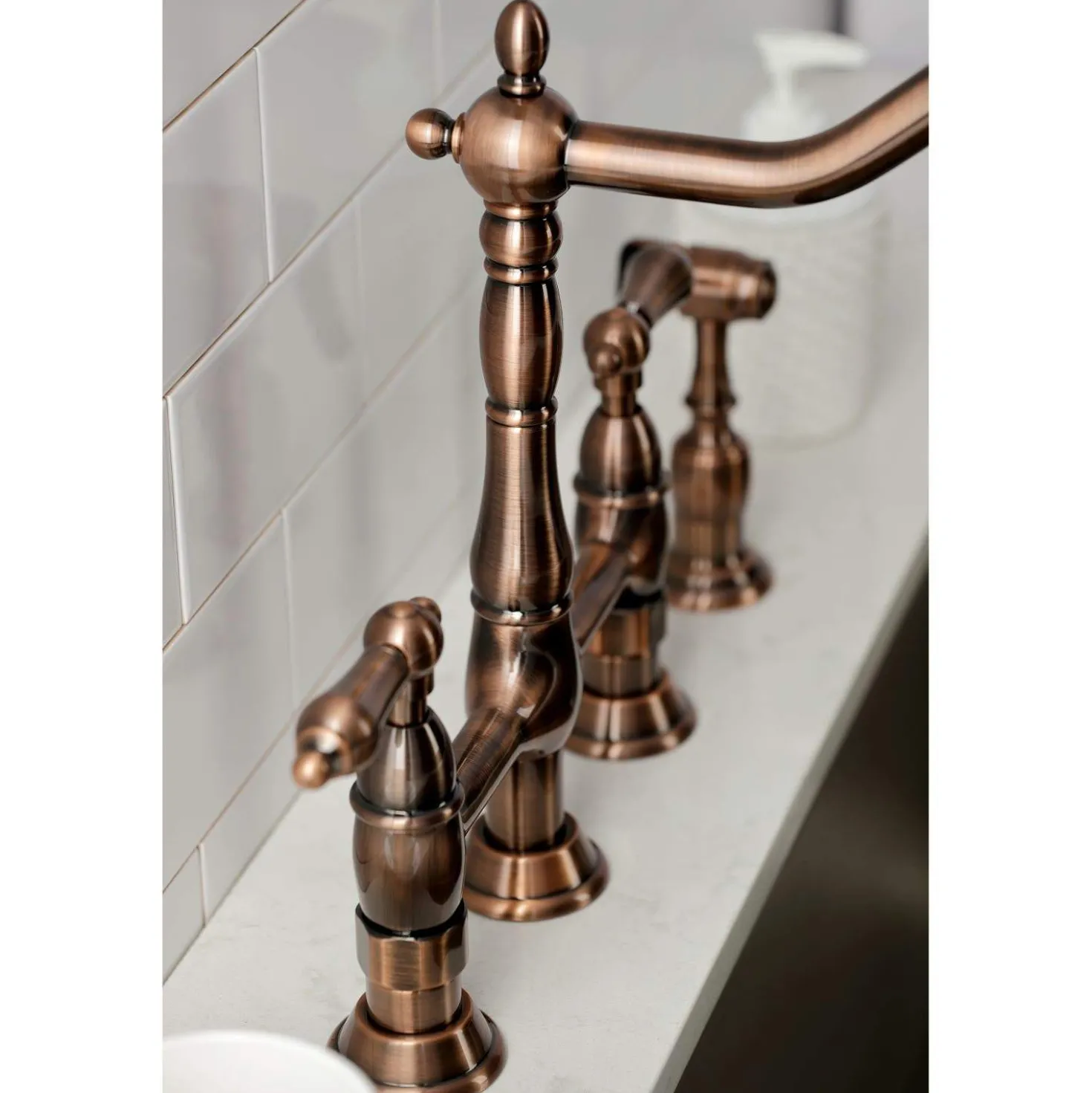Kingston Brass KS127ALBSAC Heritage Bridge Kitchen Faucet with Brass Sprayer, Antique Copper