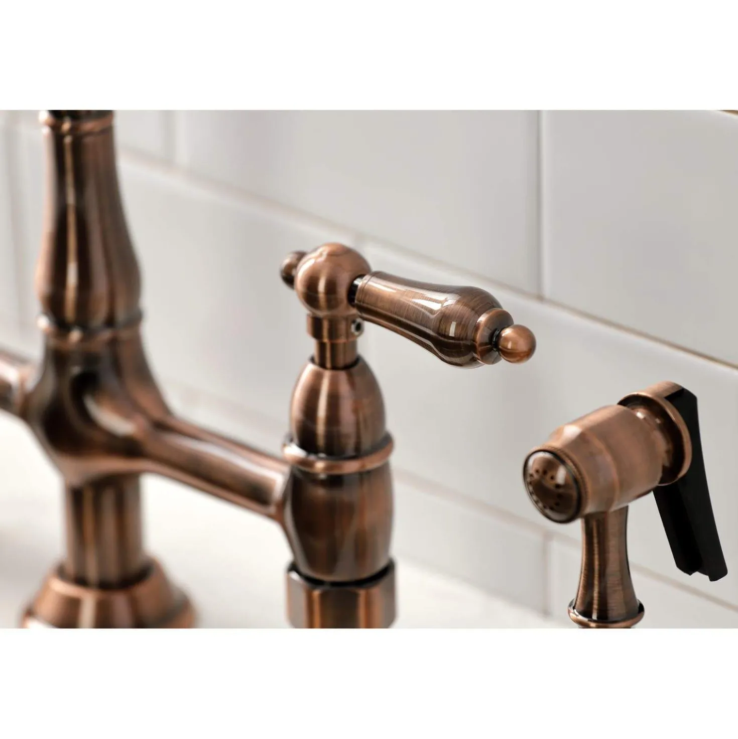 Kingston Brass KS127ALBSAC Heritage Bridge Kitchen Faucet with Brass Sprayer, Antique Copper