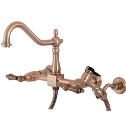 Kingston Brass KS124ALBSAC Heritage Two-Handle Wall Mount Bridge Kitchen Faucet with Brass Sprayer, Antique Copper