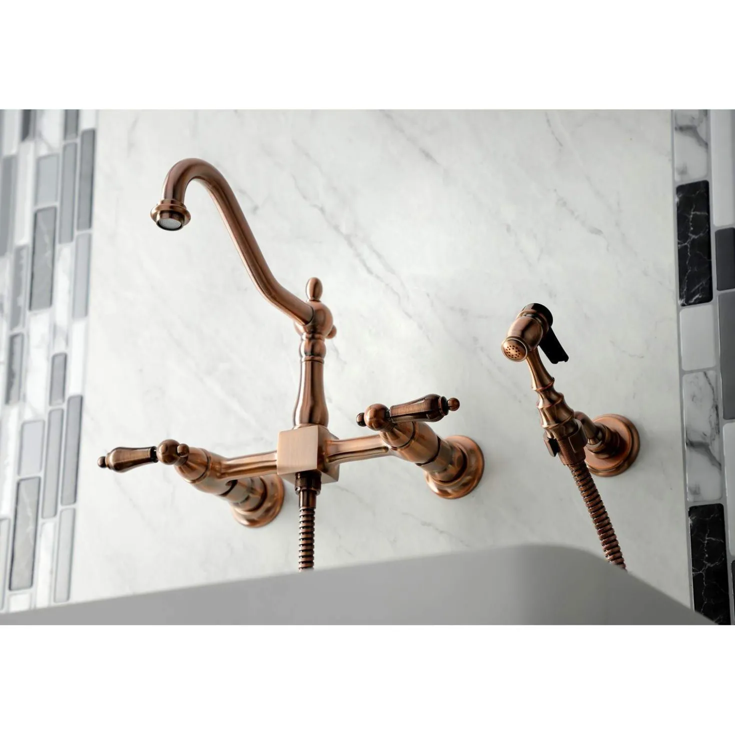 Kingston Brass KS124ALBSAC Heritage Two-Handle Wall Mount Bridge Kitchen Faucet with Brass Sprayer, Antique Copper
