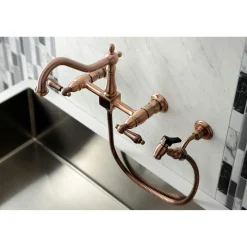 Kingston Brass KS124ALBSAC Heritage Two-Handle Wall Mount Bridge Kitchen Faucet with Brass Sprayer, Antique Copper