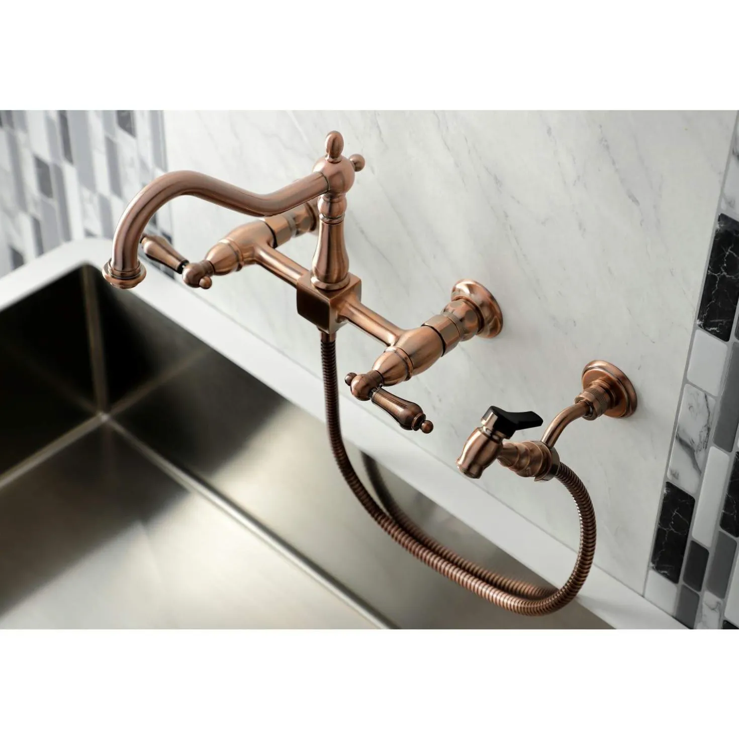 Kingston Brass KS124ALBSAC Heritage Two-Handle Wall Mount Bridge Kitchen Faucet with Brass Sprayer, Antique Copper