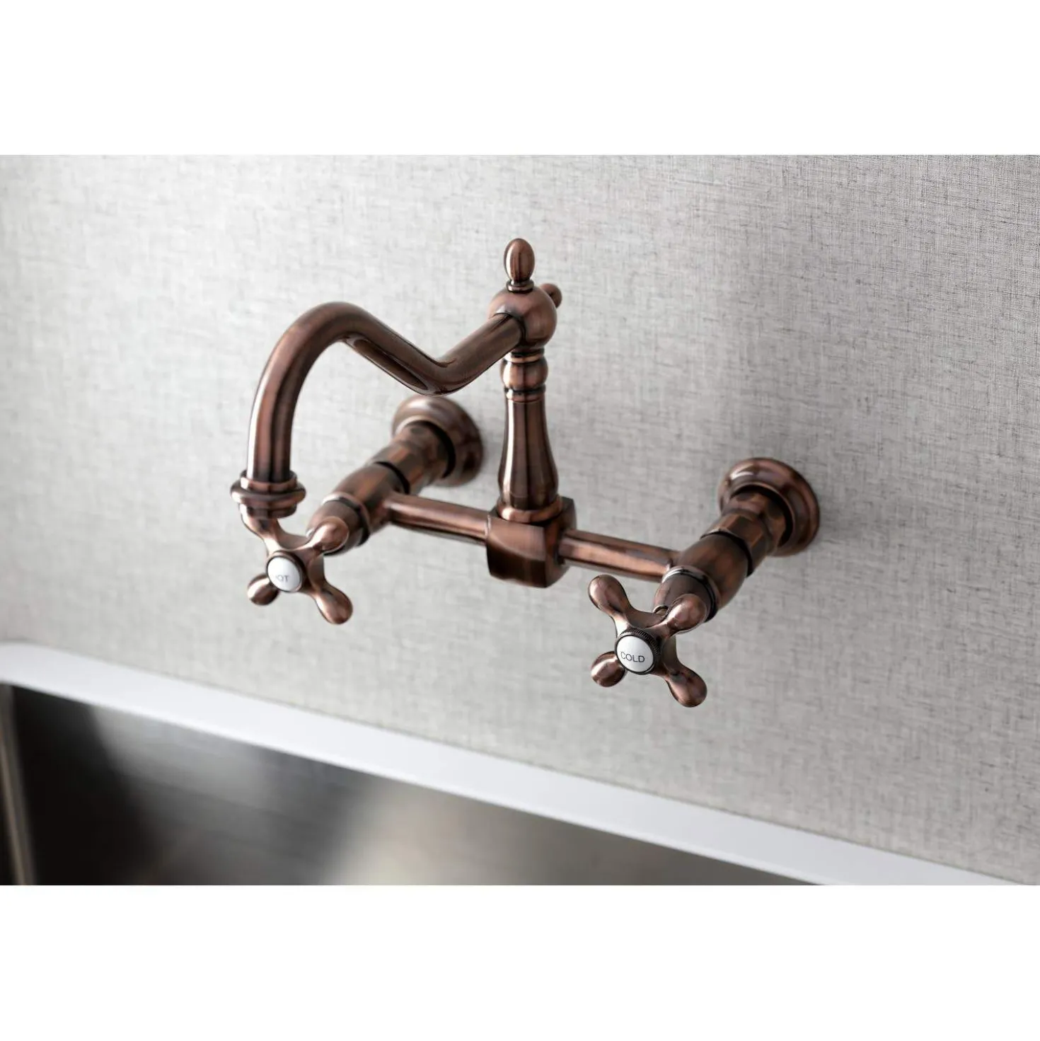 Kingston Brass KS124AXAC Heritage Two-Handle Wall Mount Bridge Kitchen Faucet, Antique Copper