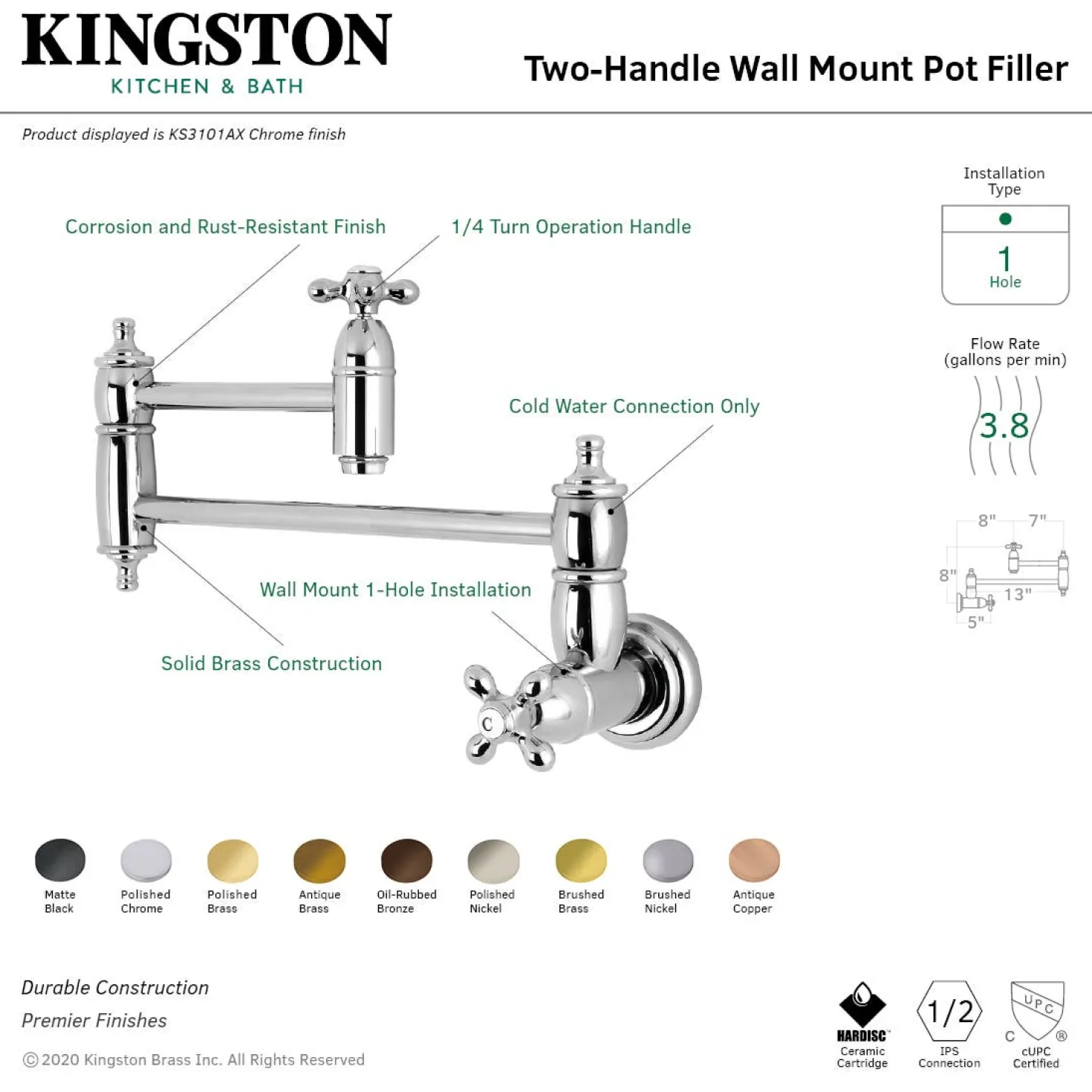 Kingston Brass KS310AXAC Restoration Wall Mount Pot Filler Kitchen Faucet, Antique Copper