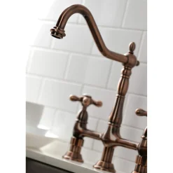 Kingston Brass KS127AXBSAC Heritage Bridge Kitchen Faucet with Brass Sprayer, Antique Copper