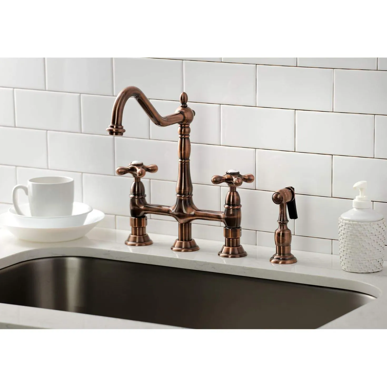 Kingston Brass KS127AXBSAC Heritage Bridge Kitchen Faucet with Brass Sprayer, Antique Copper