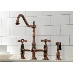 Kingston Brass KS127AXBSAC Heritage Bridge Kitchen Faucet with Brass Sprayer, Antique Copper