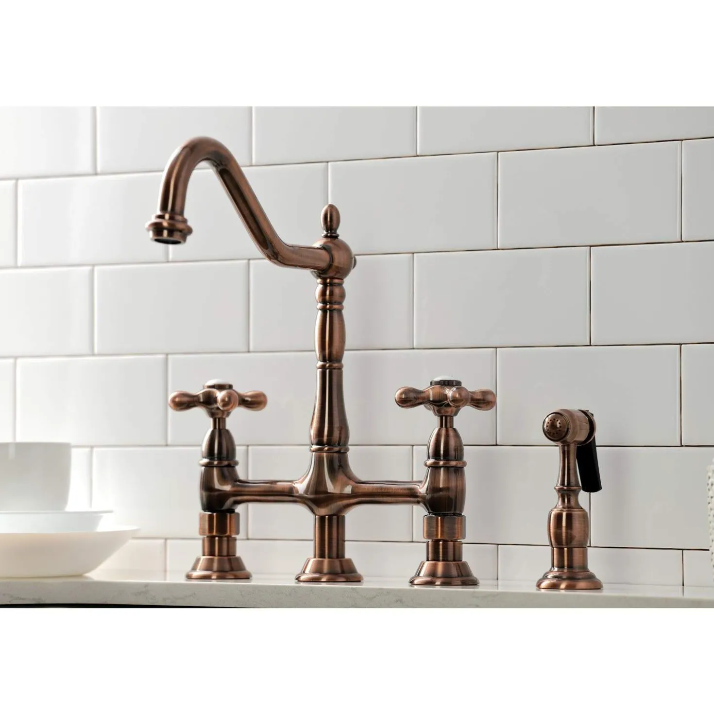 Kingston Brass KS127AXBSAC Heritage Bridge Kitchen Faucet with Brass Sprayer, Antique Copper
