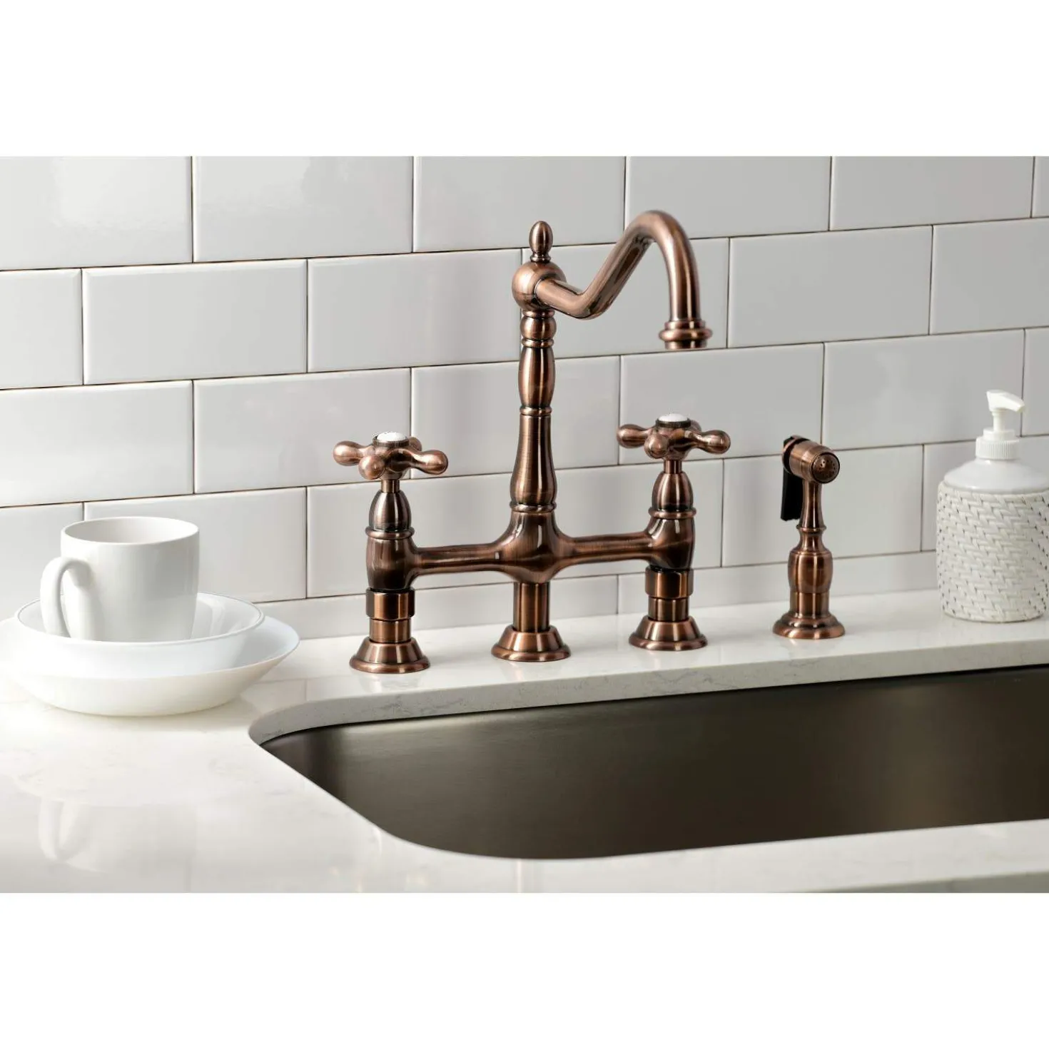 Kingston Brass KS127AXBSAC Heritage Bridge Kitchen Faucet with Brass Sprayer, Antique Copper