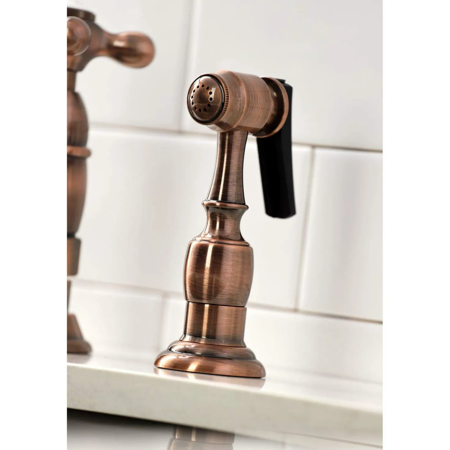 Kingston Brass KS127AXBSAC Heritage Bridge Kitchen Faucet with Brass Sprayer, Antique Copper