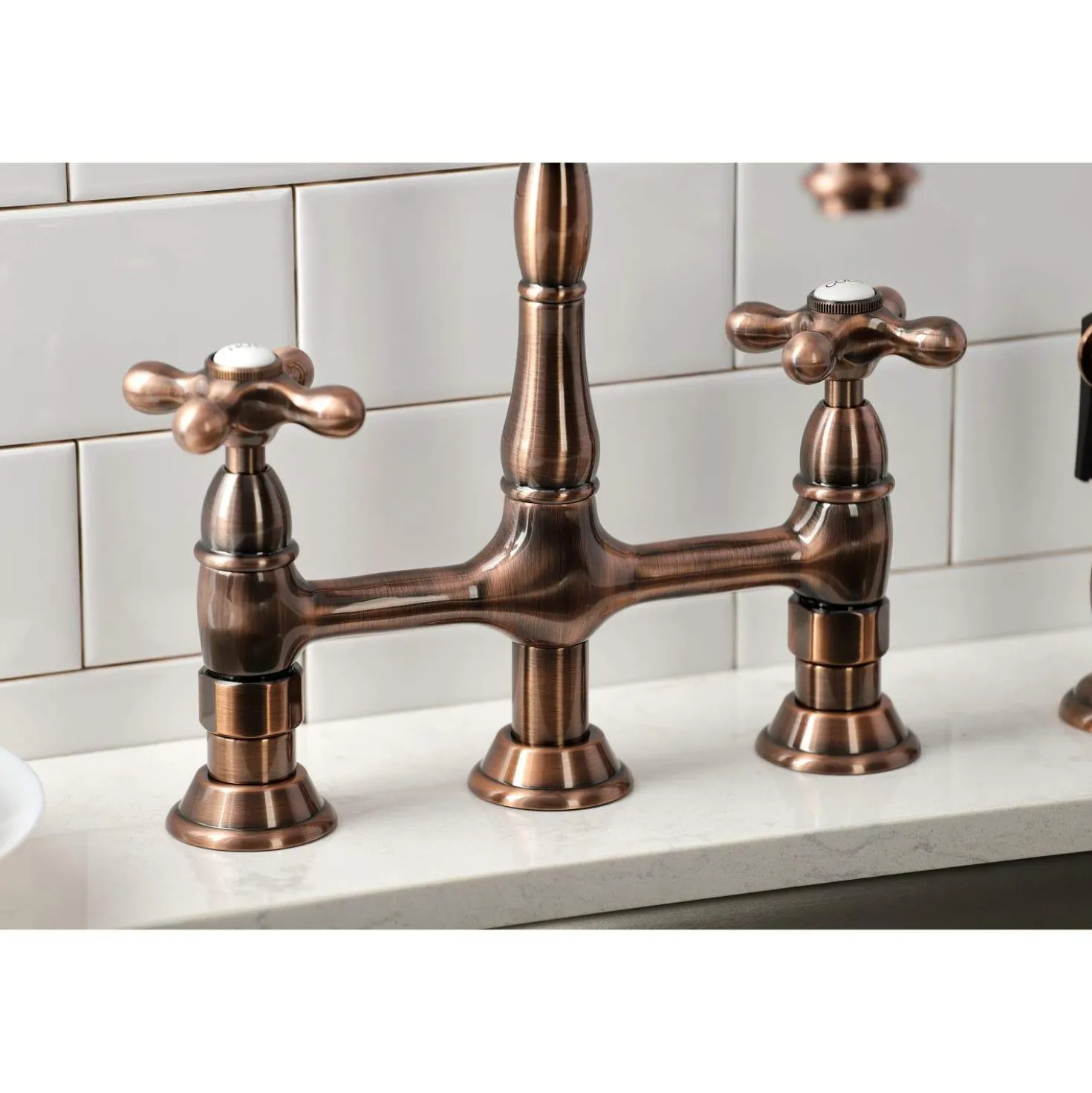 Kingston Brass KS127AXBSAC Heritage Bridge Kitchen Faucet with Brass Sprayer, Antique Copper