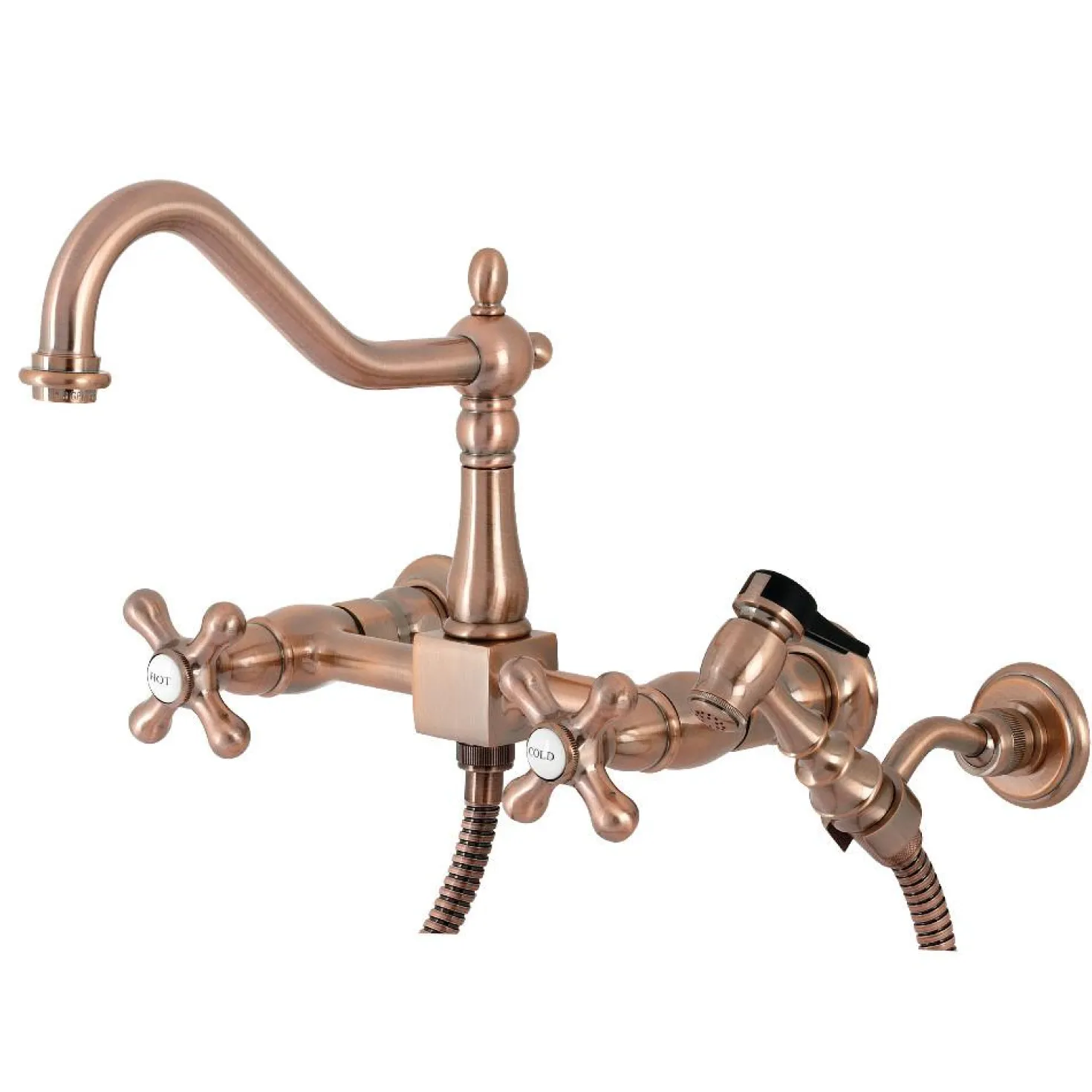 Kingston Brass KS124AXBSAC Heritage Two-Handle Wall Mount Bridge Kitchen Faucet with Brass Sprayer, Antique Copper