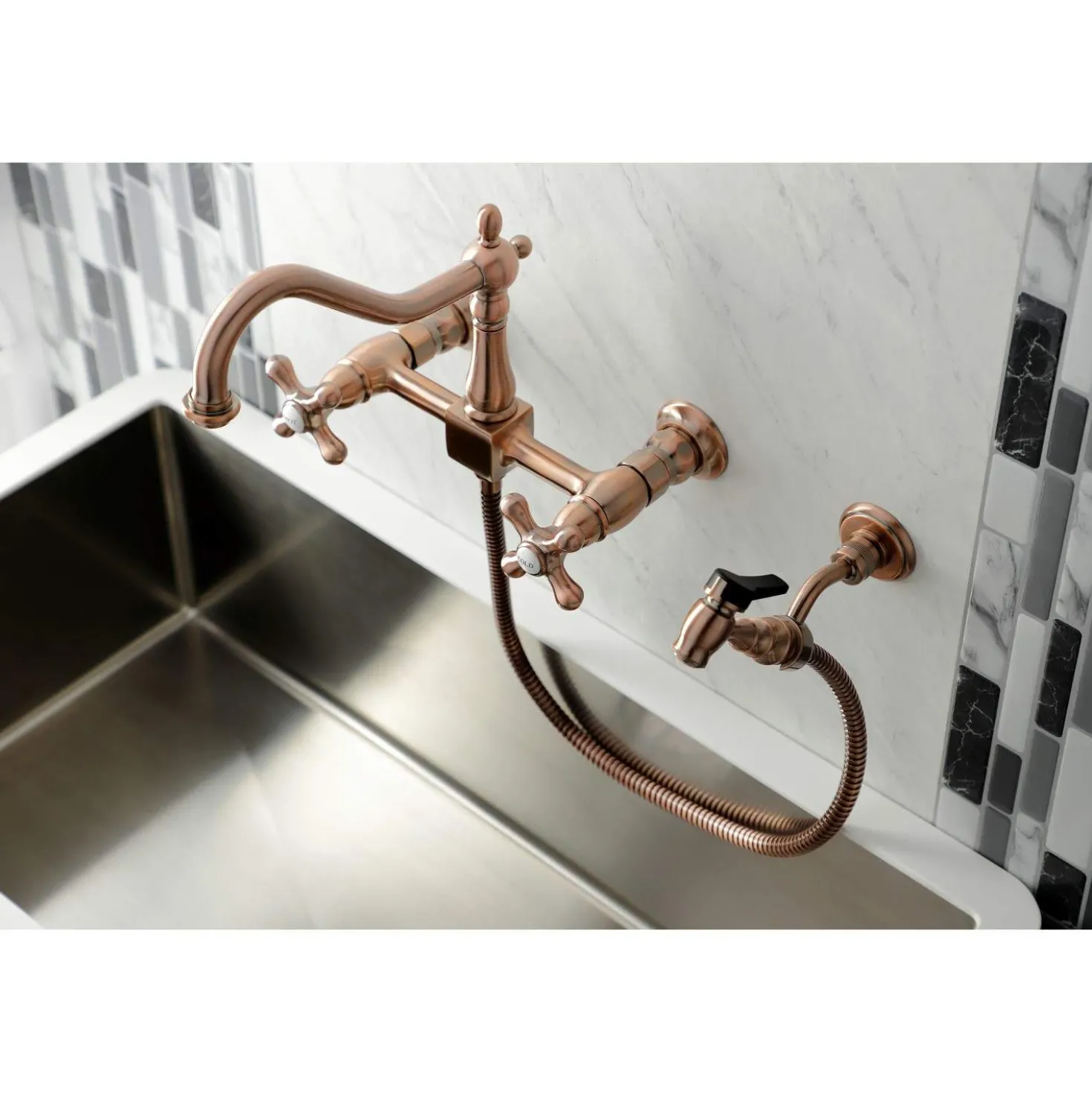 Kingston Brass KS124AXBSAC Heritage Two-Handle Wall Mount Bridge Kitchen Faucet with Brass Sprayer, Antique Copper