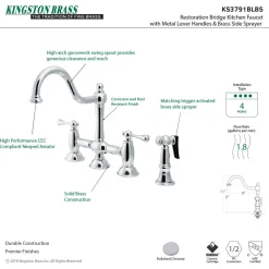 Kingston Brass KS3791BLBS Restoration Kitchen Bridge Faucet with Brass Sprayer in Polished Chrome