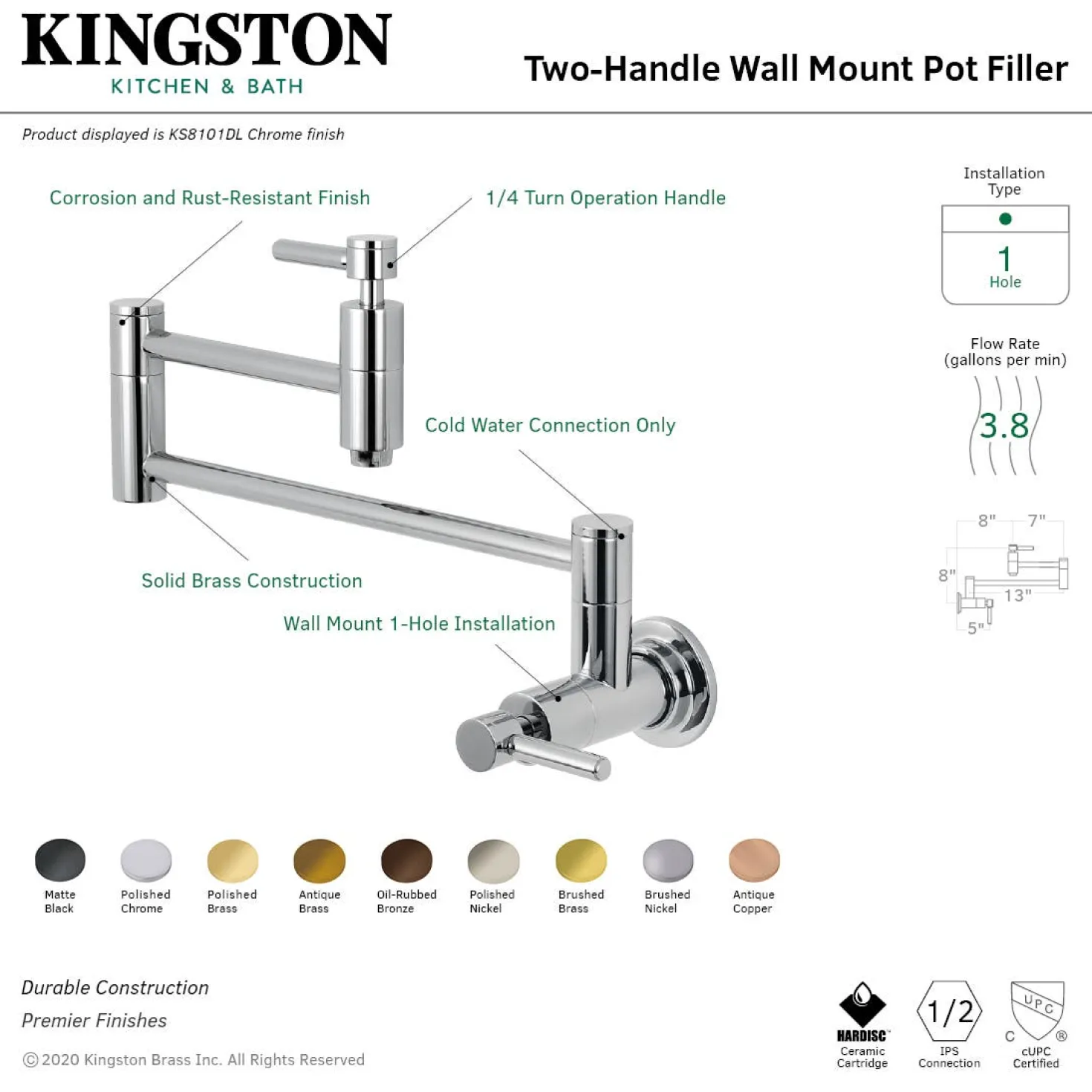 Kingston Brass KS810DLAC Concord Wall Mount Pot Filler Kitchen Faucet, Antique Copper