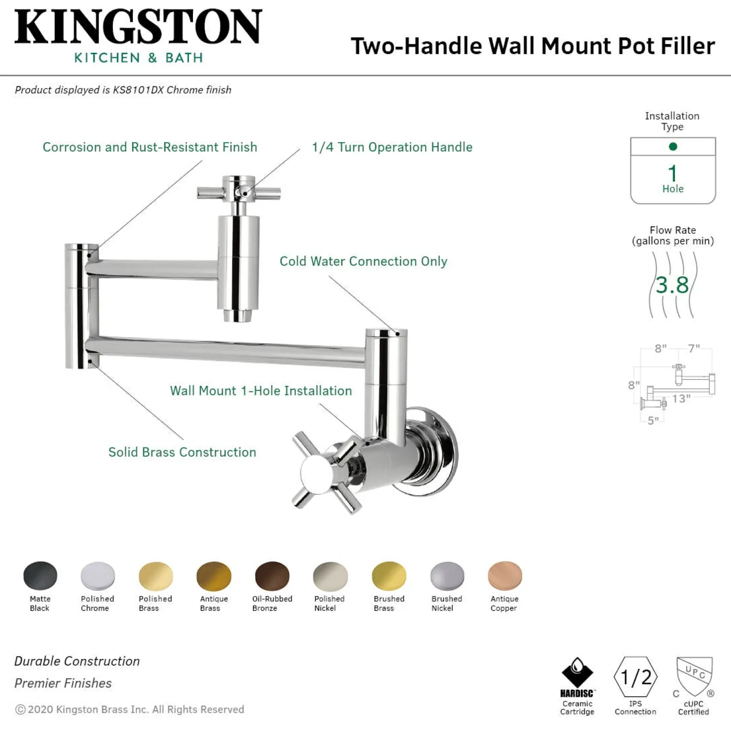 Kingston Brass KS810DXAC Concord Wall Mount Pot Filler Kitchen Faucet, Antique Copper