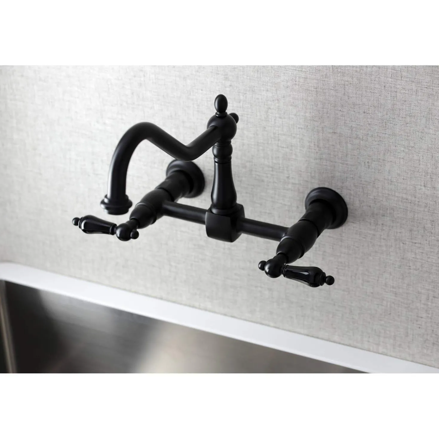 Kingston Brass KS1240PKL Duchess Two-Handle Wall Mount Bridge Kitchen Faucet, Matte Black