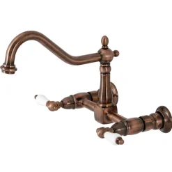 Kingston Brass KS124PLAC Heritage Two-Handle Wall Mount Bridge Kitchen Faucet, Antique Copper