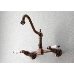 Kingston Brass KS124PLAC Heritage Two-Handle Wall Mount Bridge Kitchen Faucet, Antique Copper