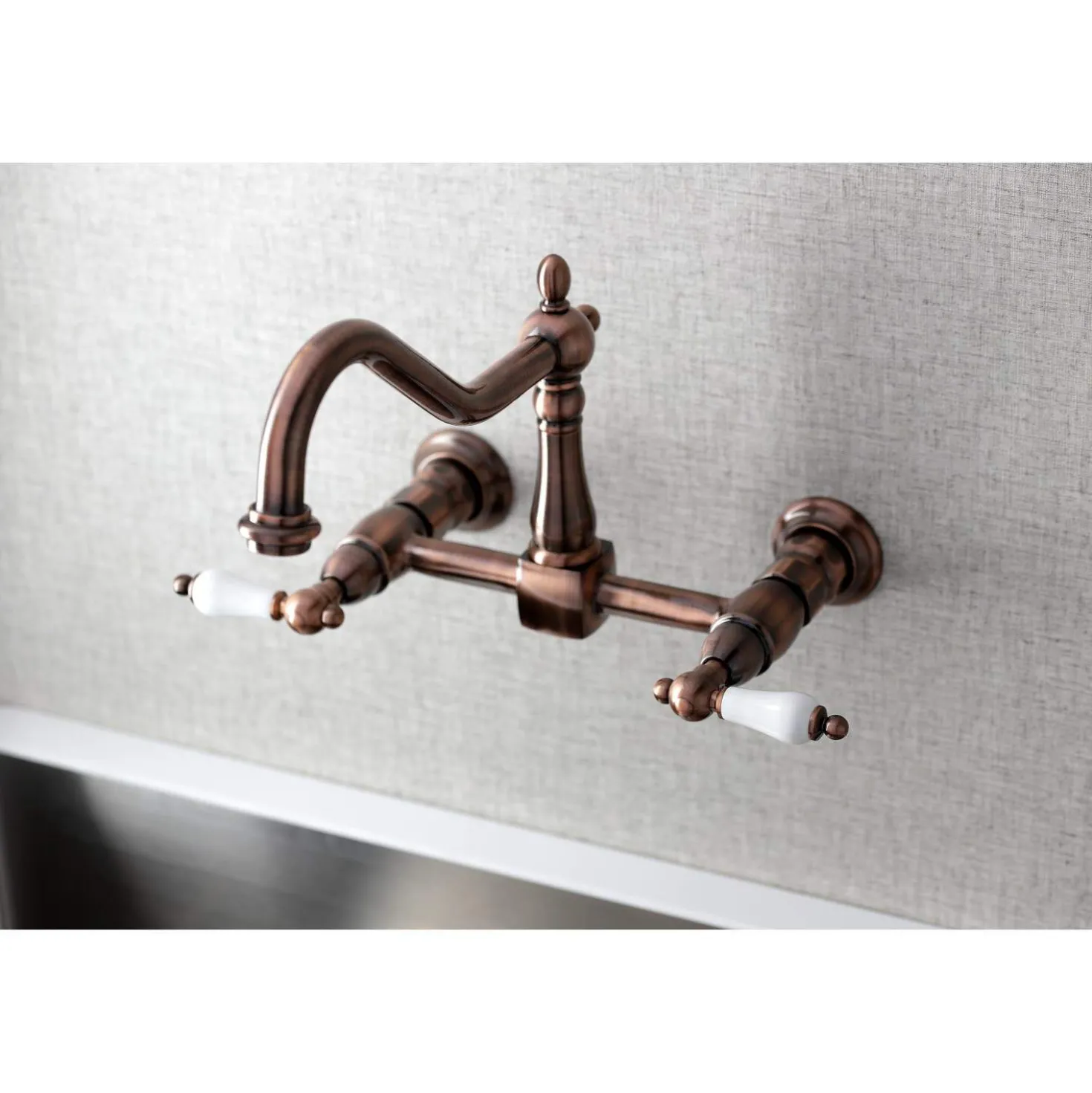 Kingston Brass KS124PLAC Heritage Two-Handle Wall Mount Bridge Kitchen Faucet, Antique Copper