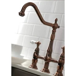 Kingston Brass KS127PLBSAC Heritage Bridge Kitchen Faucet with Brass Sprayer, Antique Copper