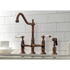 Kingston Brass KS127PLBSAC Heritage Bridge Kitchen Faucet with Brass Sprayer, Antique Copper