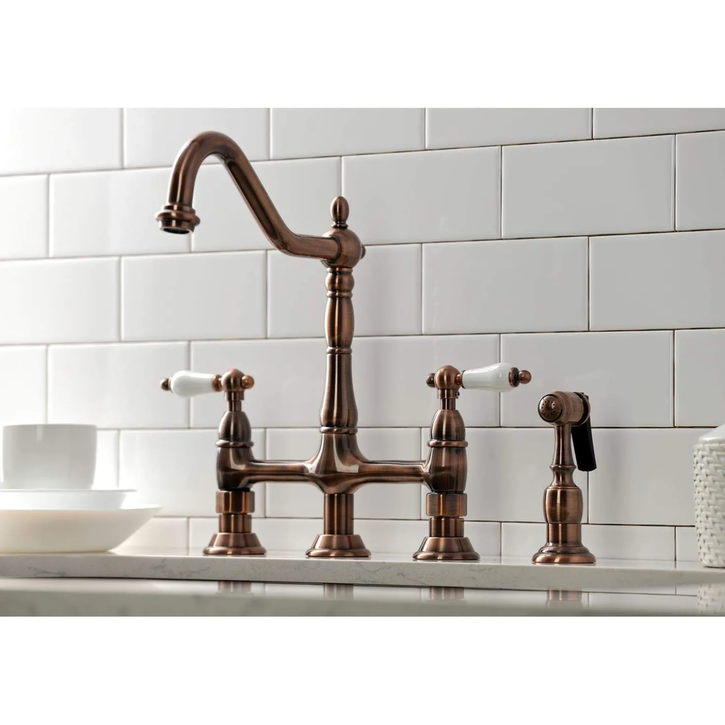 Kingston Brass KS127PLBSAC Heritage Bridge Kitchen Faucet with Brass Sprayer, Antique Copper