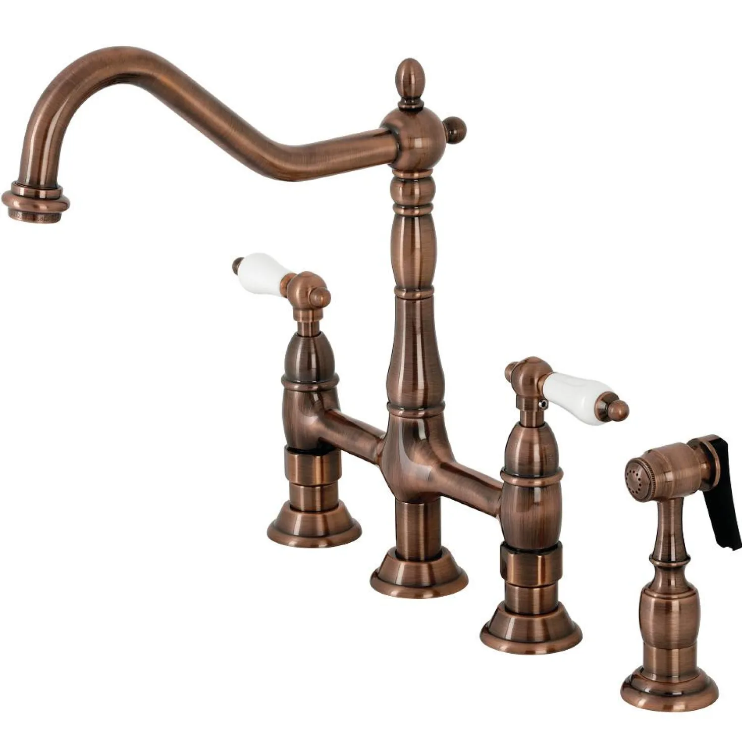 Kingston Brass KS127PLBSAC Heritage Bridge Kitchen Faucet with Brass Sprayer, Antique Copper