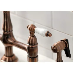 Kingston Brass KS127PLBSAC Heritage Bridge Kitchen Faucet with Brass Sprayer, Antique Copper