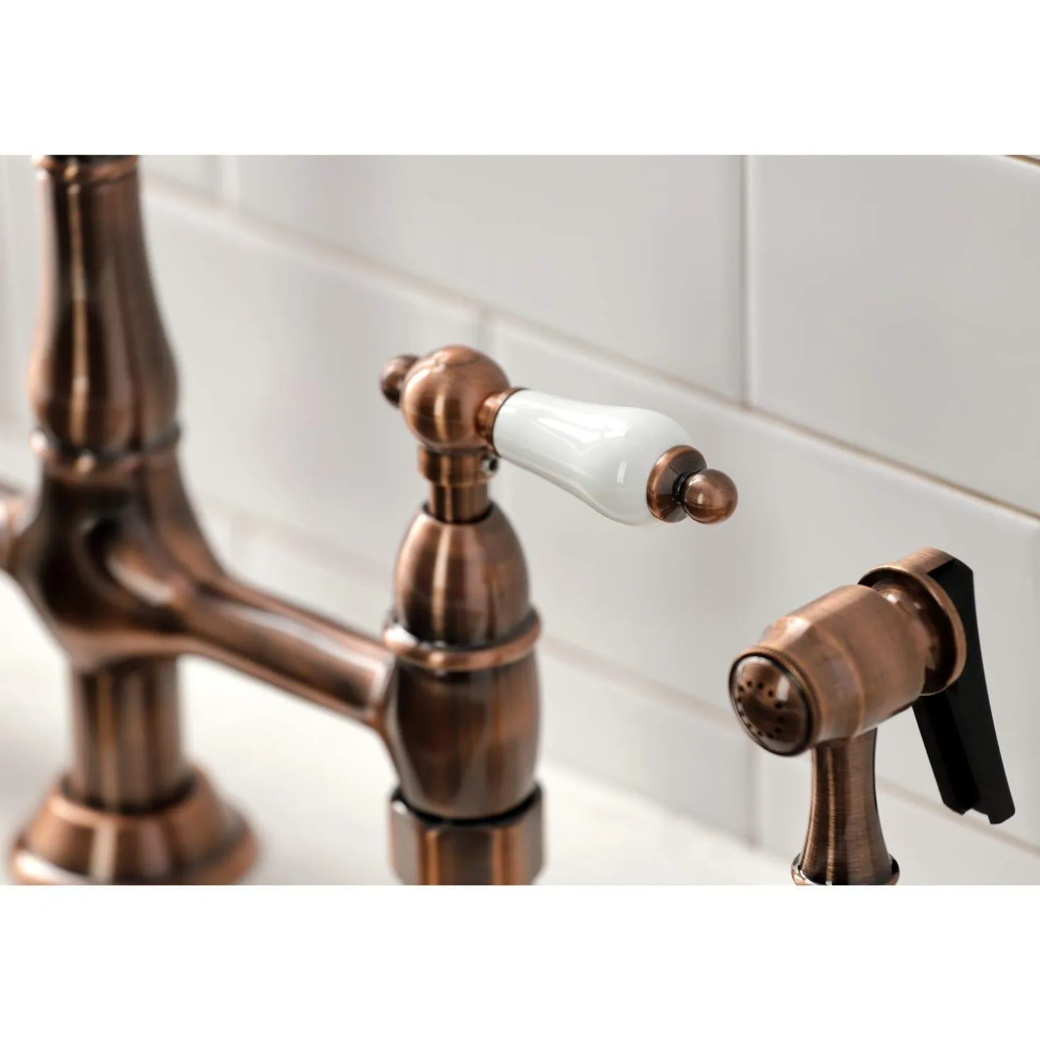 Kingston Brass KS127PLBSAC Heritage Bridge Kitchen Faucet with Brass Sprayer, Antique Copper