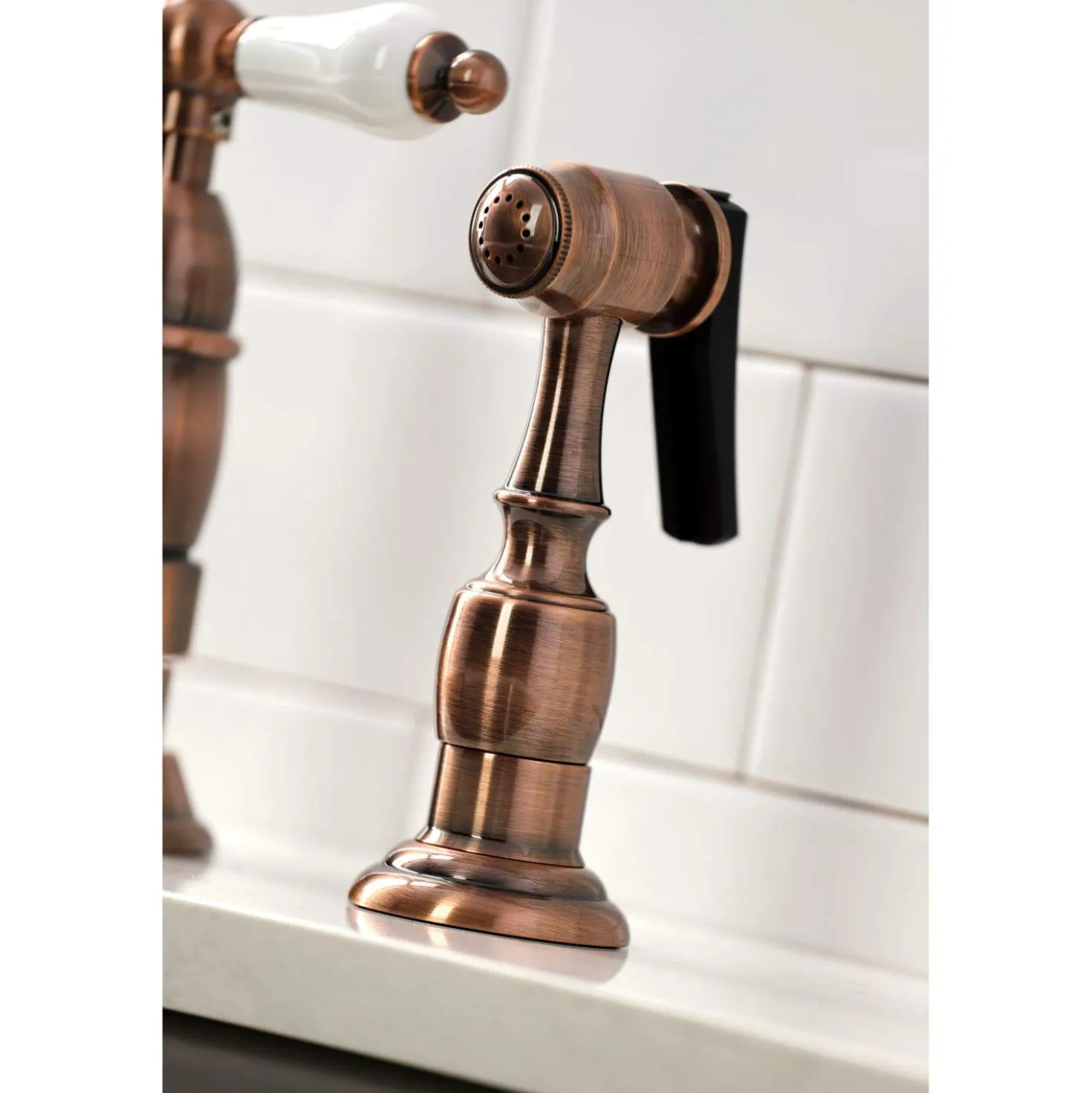 Kingston Brass KS127PLBSAC Heritage Bridge Kitchen Faucet with Brass Sprayer, Antique Copper