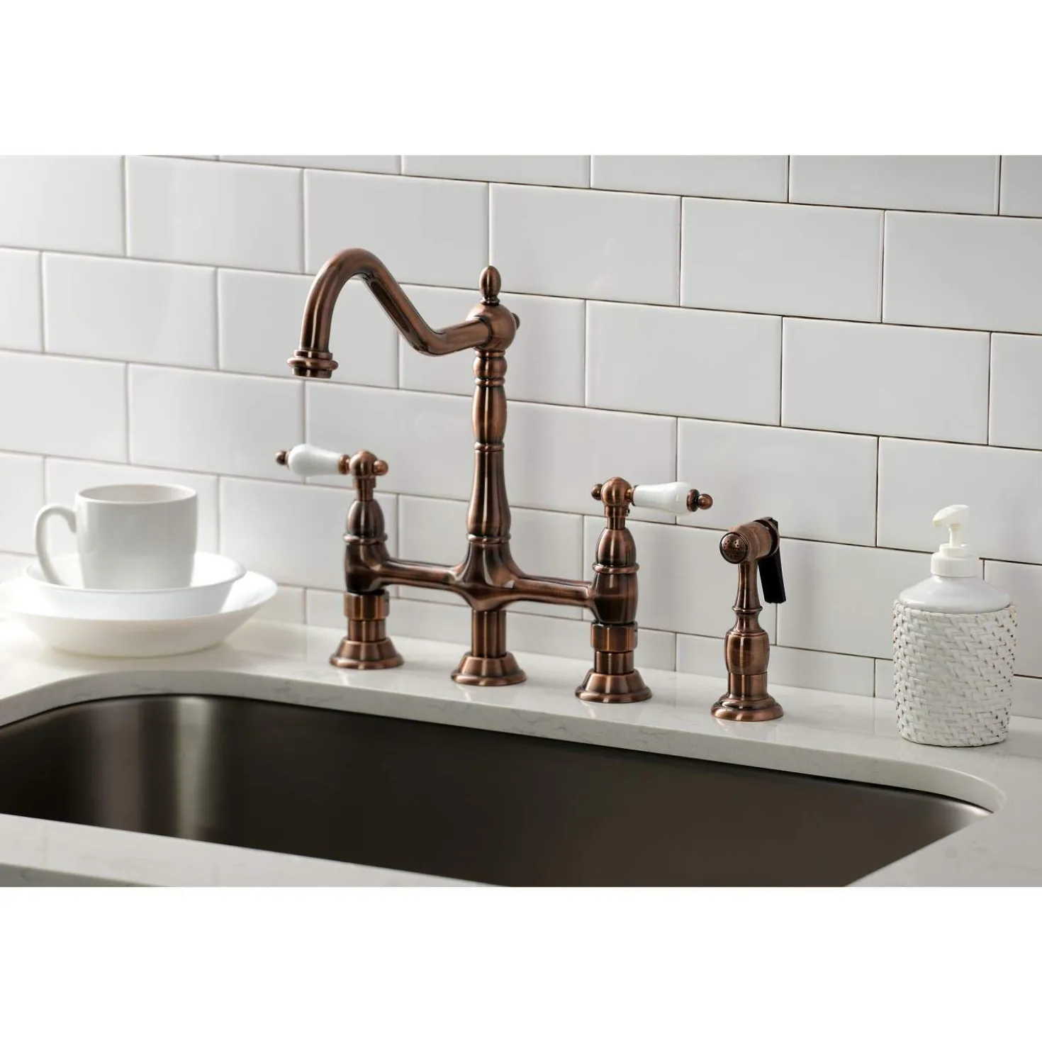 Kingston Brass KS127PLBSAC Heritage Bridge Kitchen Faucet with Brass Sprayer, Antique Copper