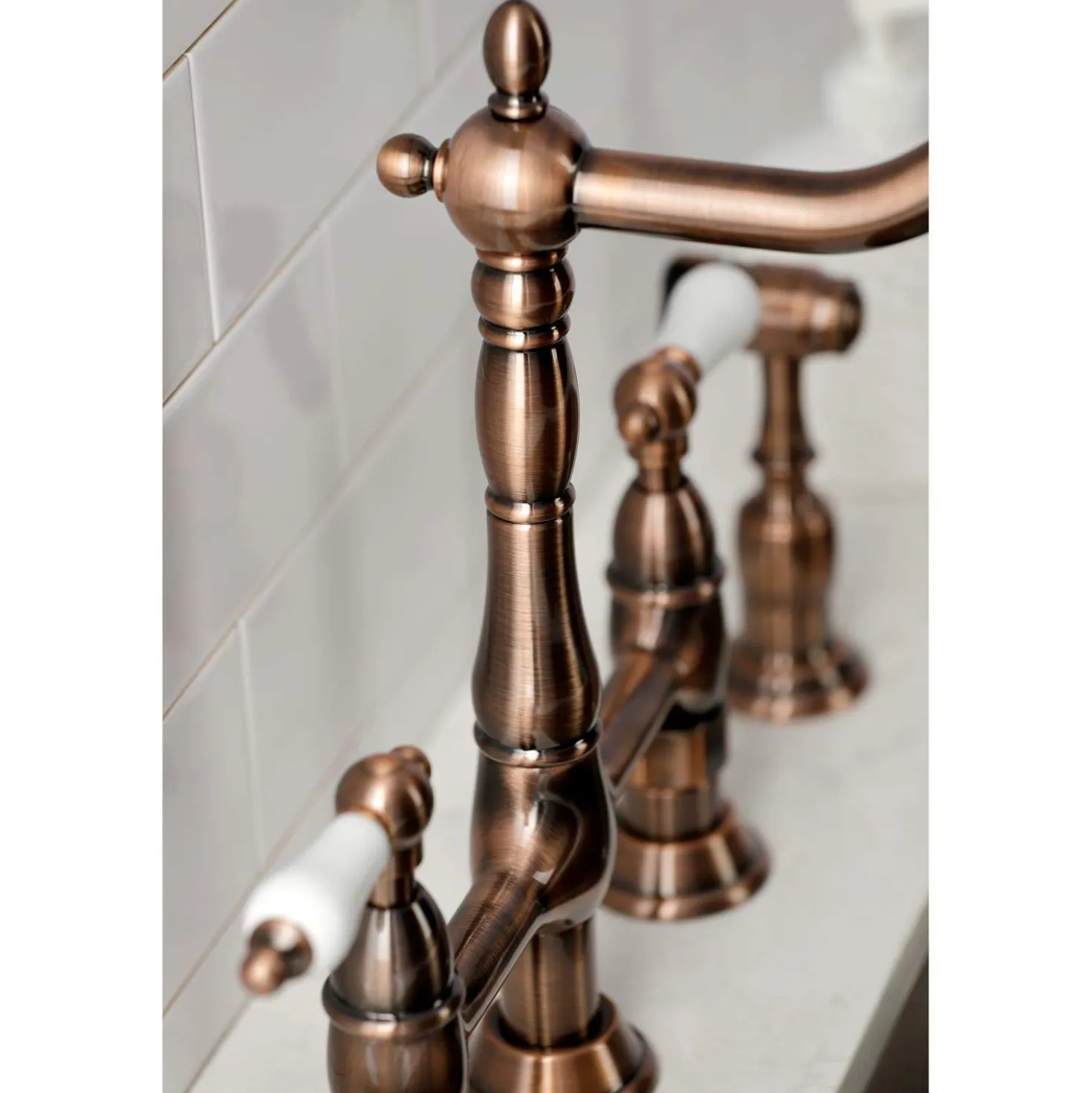 Kingston Brass KS127PLBSAC Heritage Bridge Kitchen Faucet with Brass Sprayer, Antique Copper