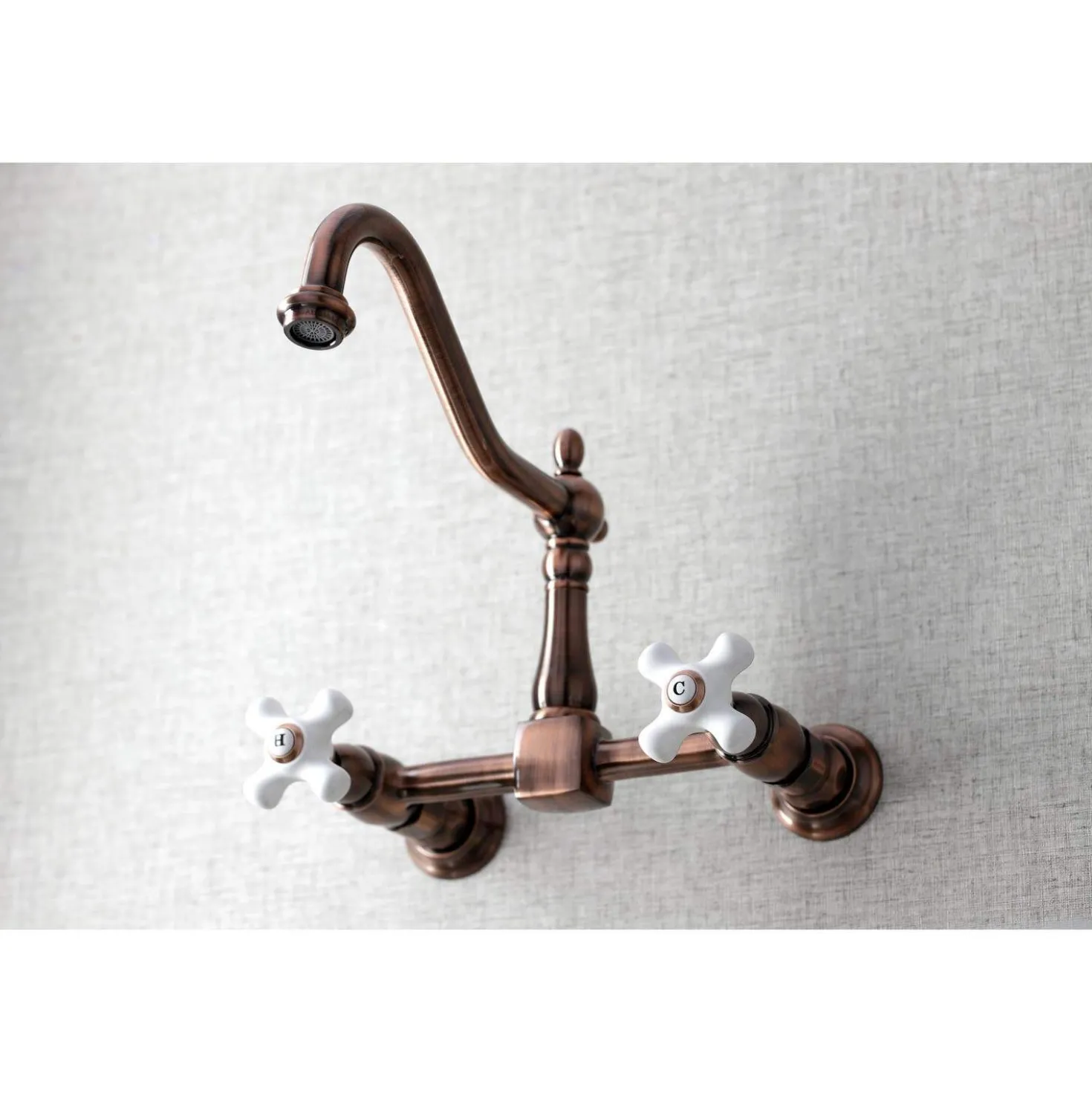 Kingston Brass KS124PXAC Heritage Two-Handle Wall Mount Bridge Kitchen Faucet, Antique Copper