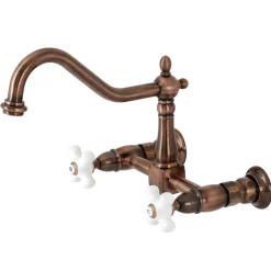 Kingston Brass KS124PXAC Heritage Two-Handle Wall Mount Bridge Kitchen Faucet, Antique Copper