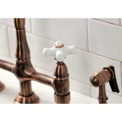 Kingston Brass KS127PXBSAC Heritage Bridge Kitchen Faucet with Brass Sprayer, Antique Copper