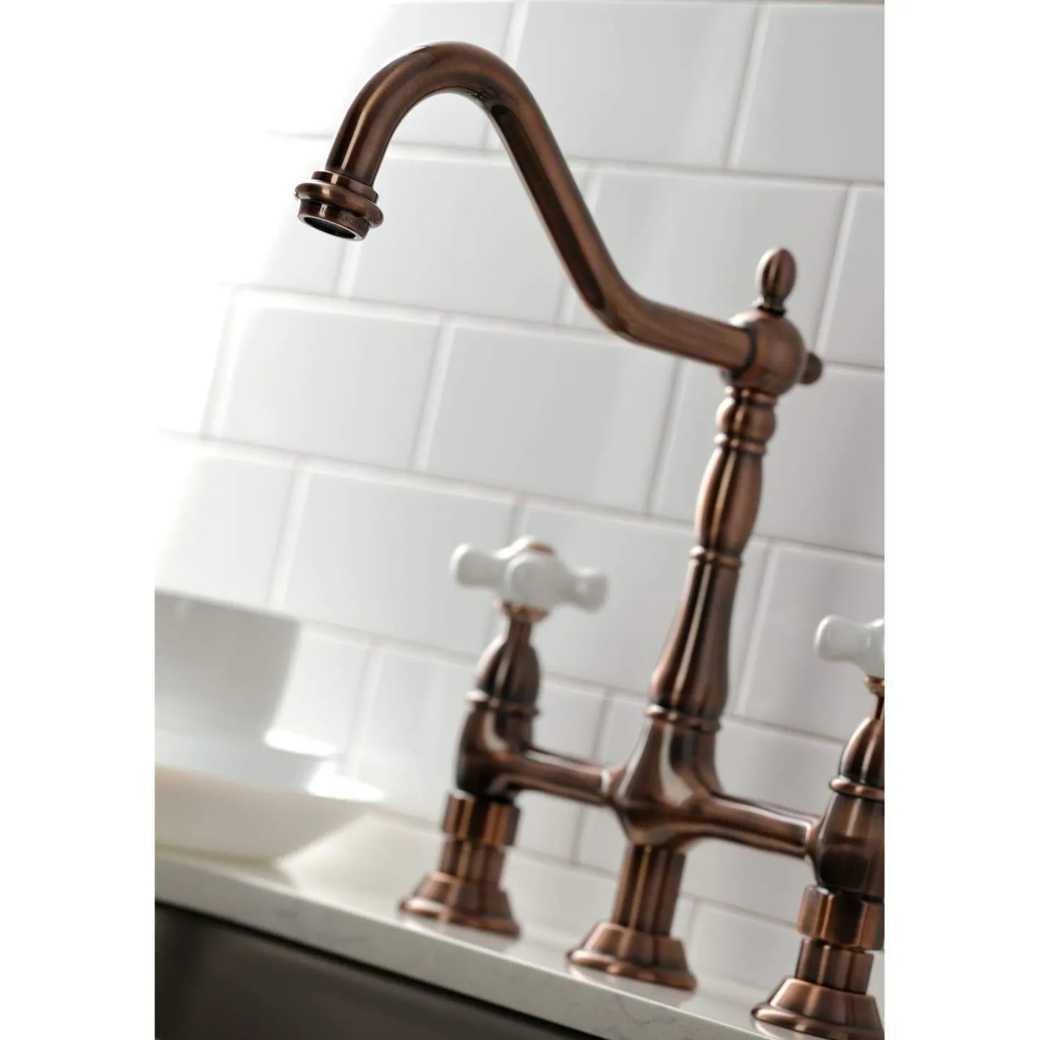 Kingston Brass KS127PXBSAC Heritage Bridge Kitchen Faucet with Brass Sprayer, Antique Copper
