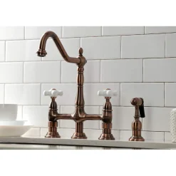 Kingston Brass KS127PXBSAC Heritage Bridge Kitchen Faucet with Brass Sprayer, Antique Copper