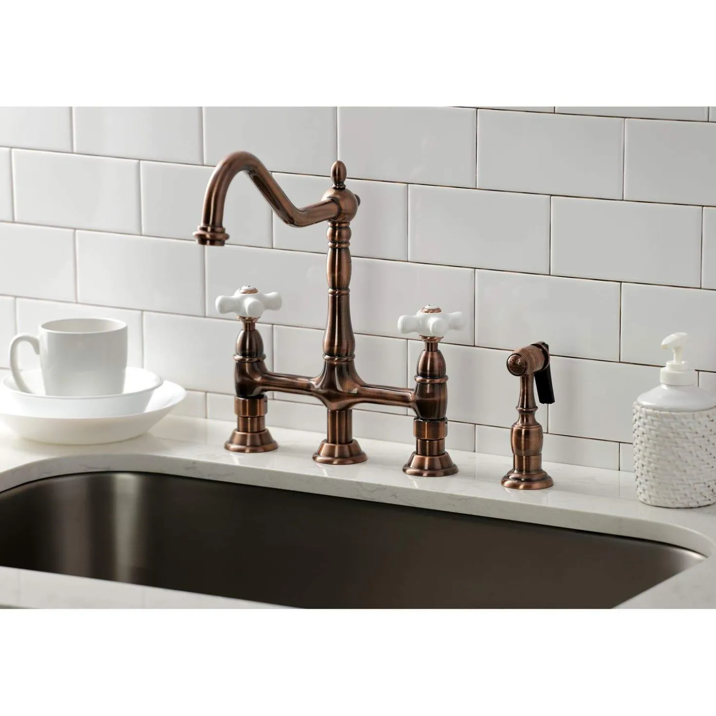 Kingston Brass KS127PXBSAC Heritage Bridge Kitchen Faucet with Brass Sprayer, Antique Copper