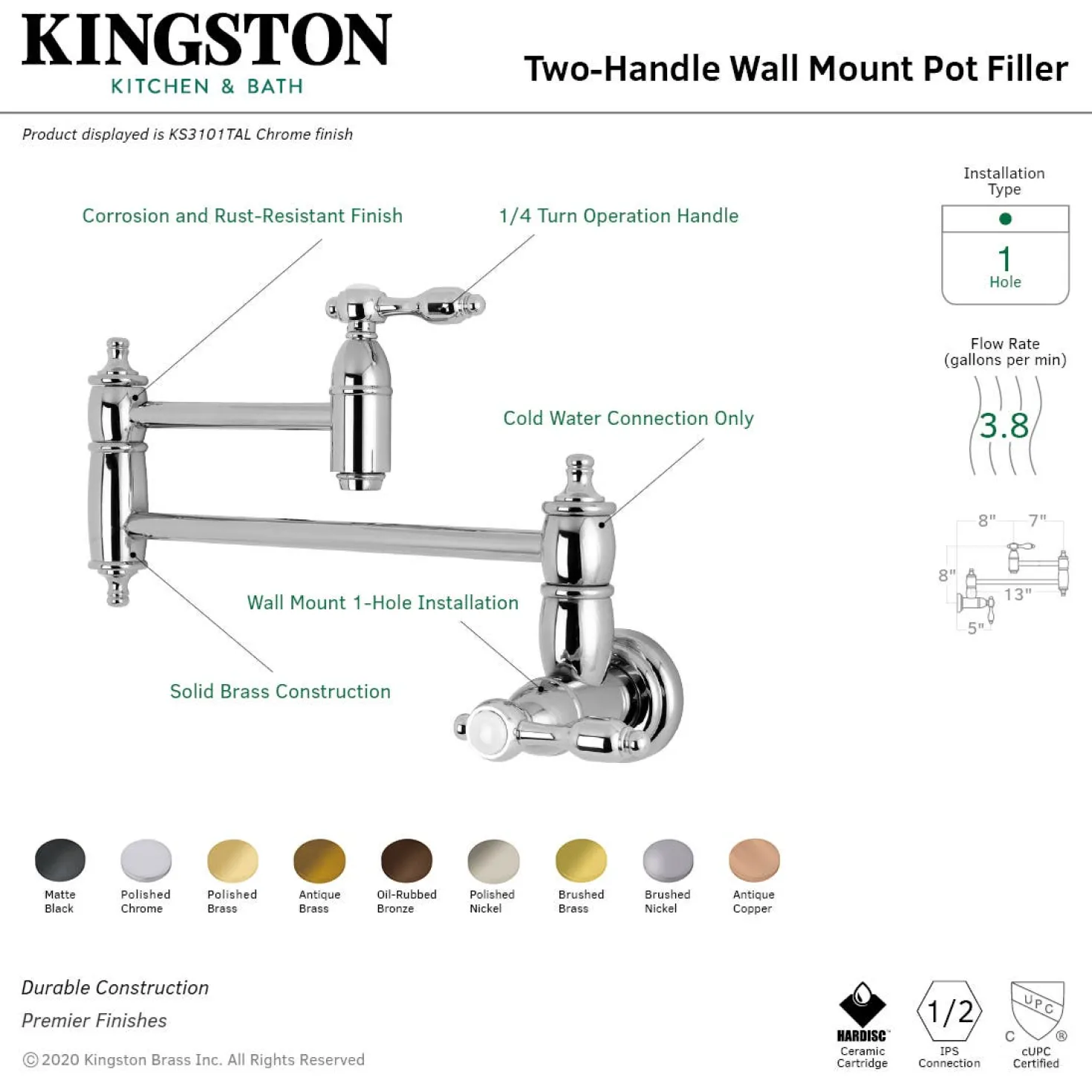 Kingston Brass KS310TALAC Tudor Wall Mount Pot Filler Kitchen Faucet, Antique Copper