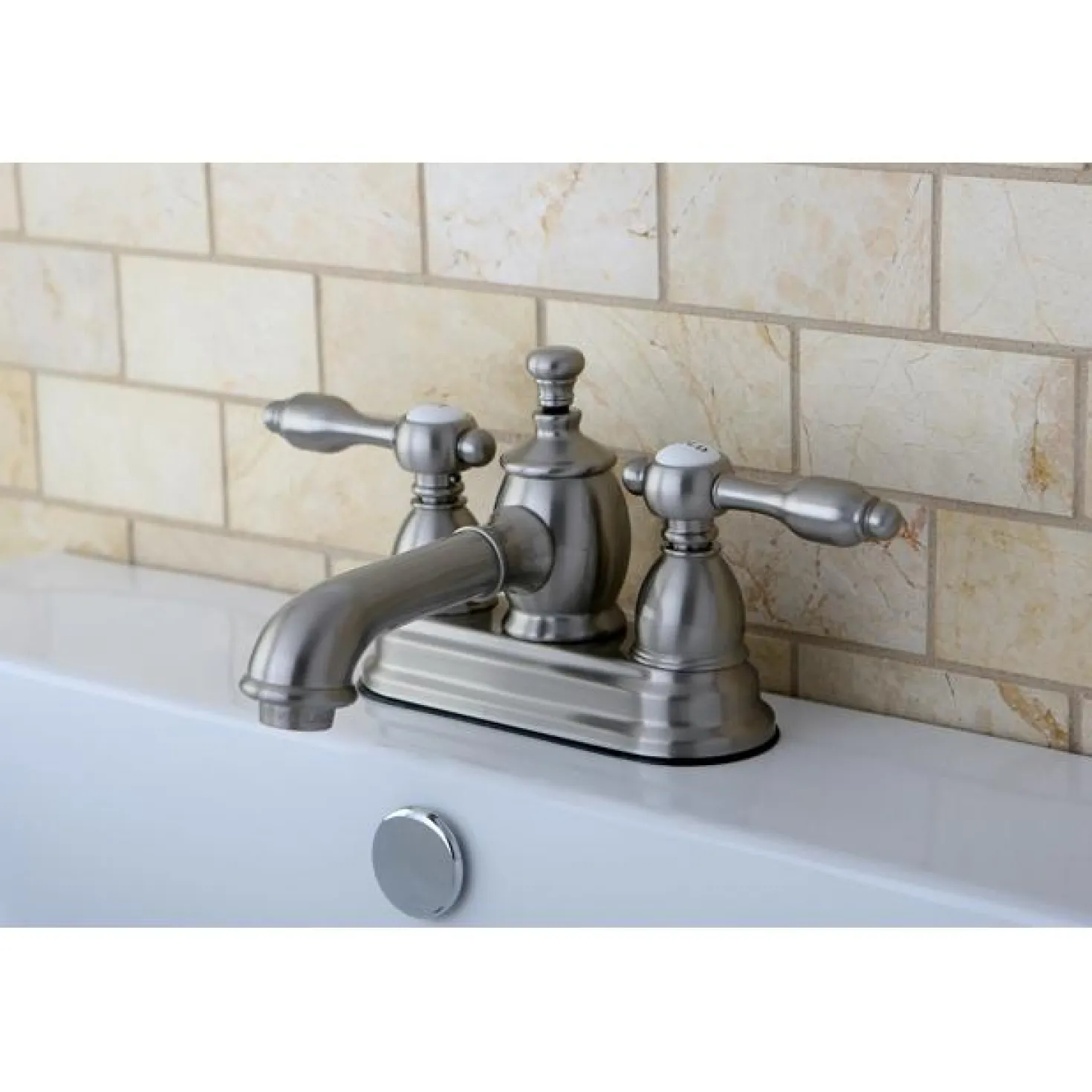 Kingston Brass KS7008TAL 4" Centerset Lavatory Faucet with Brass Pop-up in Satin Nickel