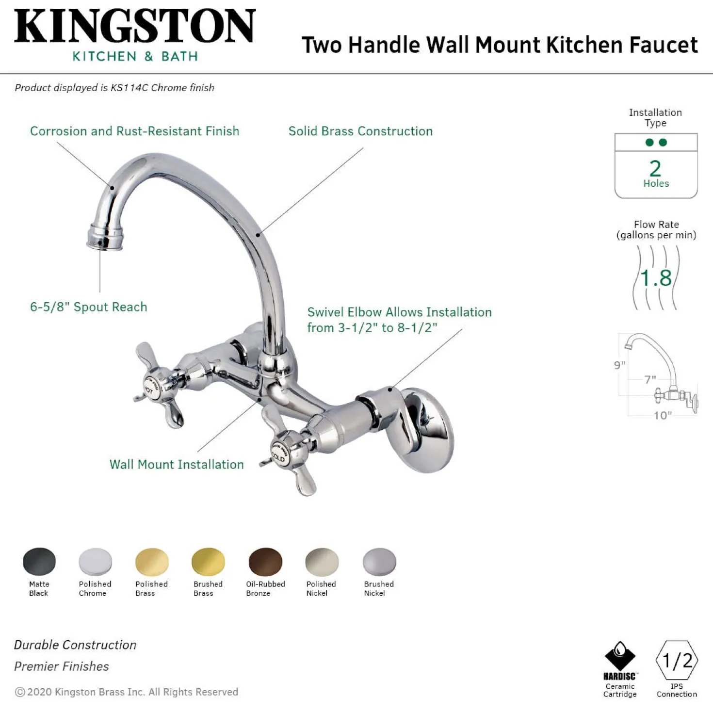 Kingston Brass KS114X-P Essex Two Handle Wall Mount Kitchen Faucet