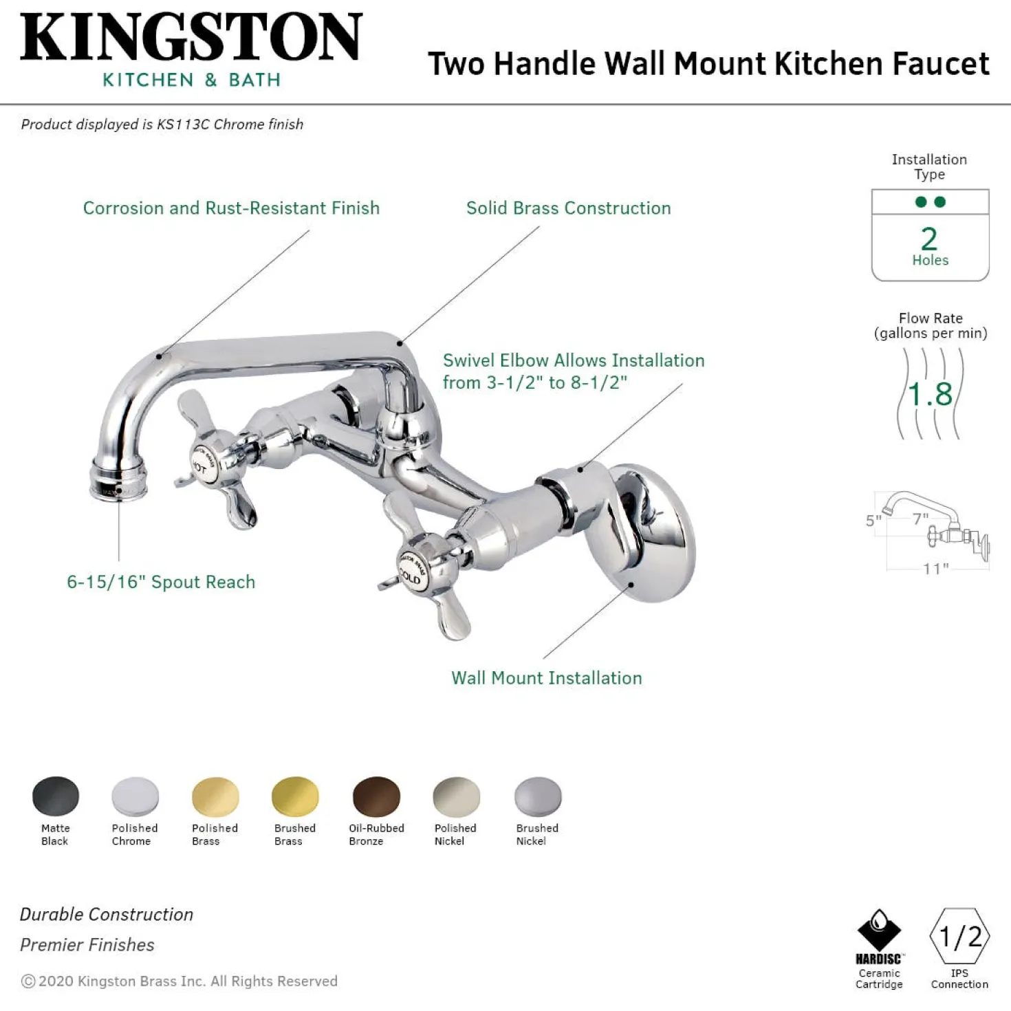 Kingston Brass KS113X-P Essex Two Handle Wall Mount Kitchen Faucet