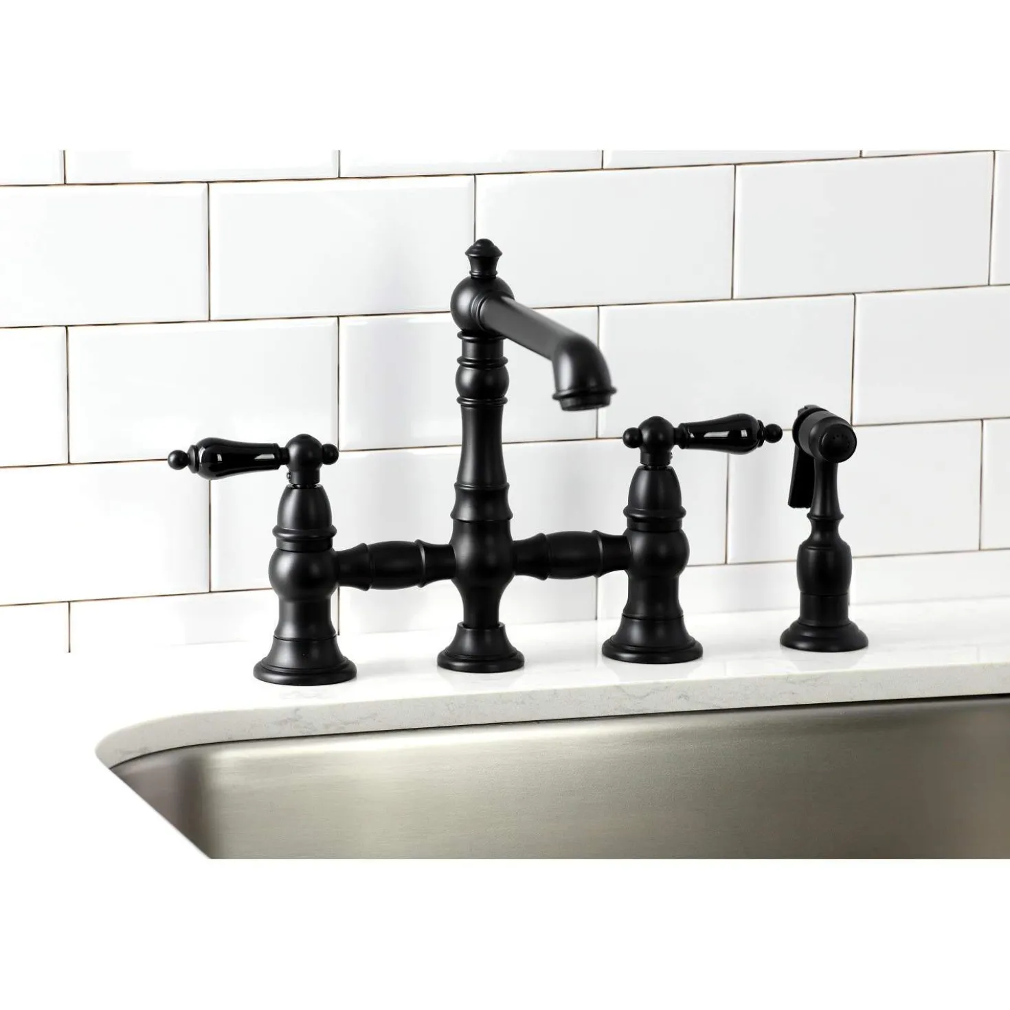 Kingston Brass KS727XPKLBS-P Duchess Bridge Kitchen Faucet with Brass Sprayer