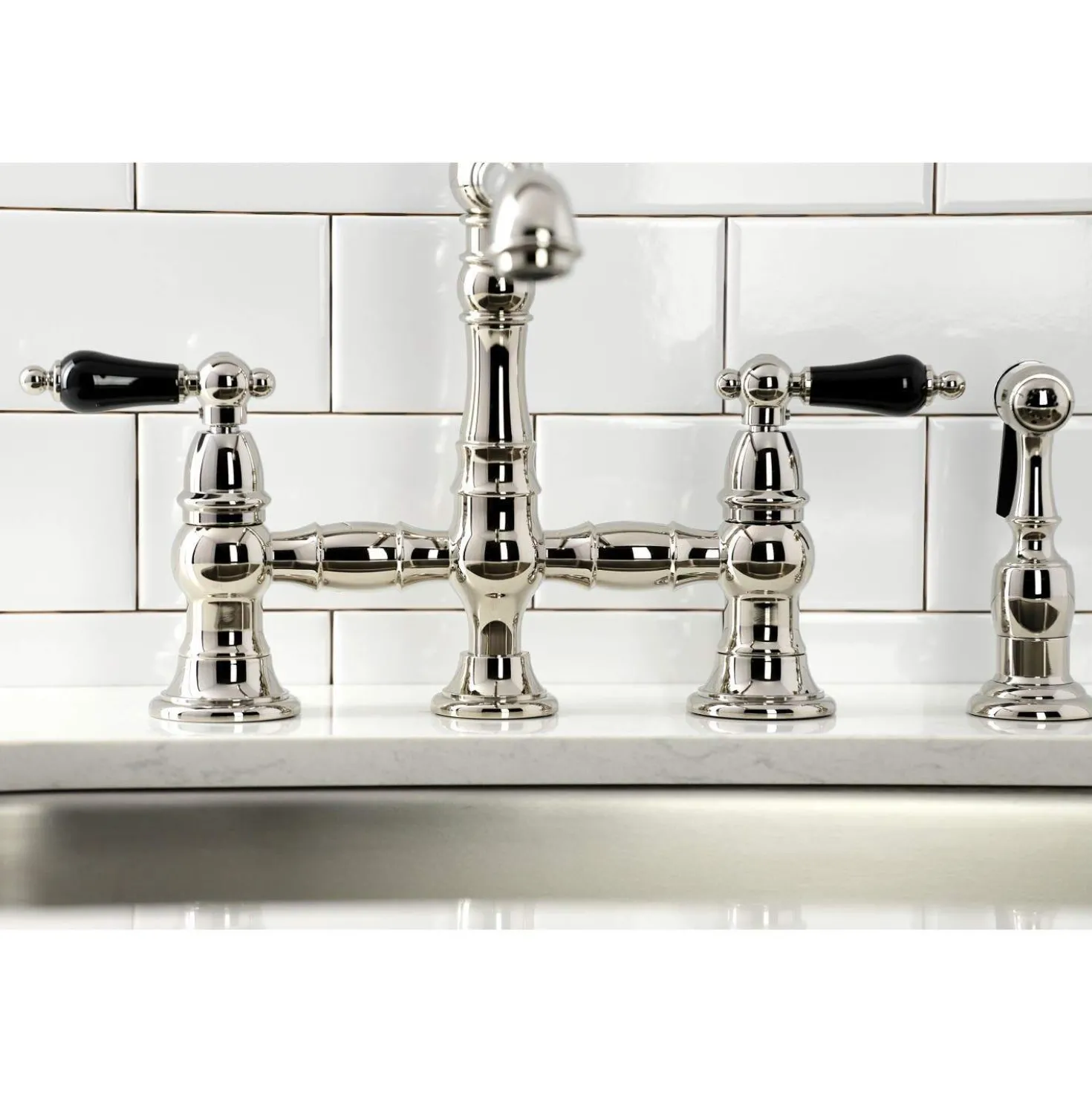 Kingston Brass KS727XPKLBS-P Duchess Bridge Kitchen Faucet with Brass Sprayer