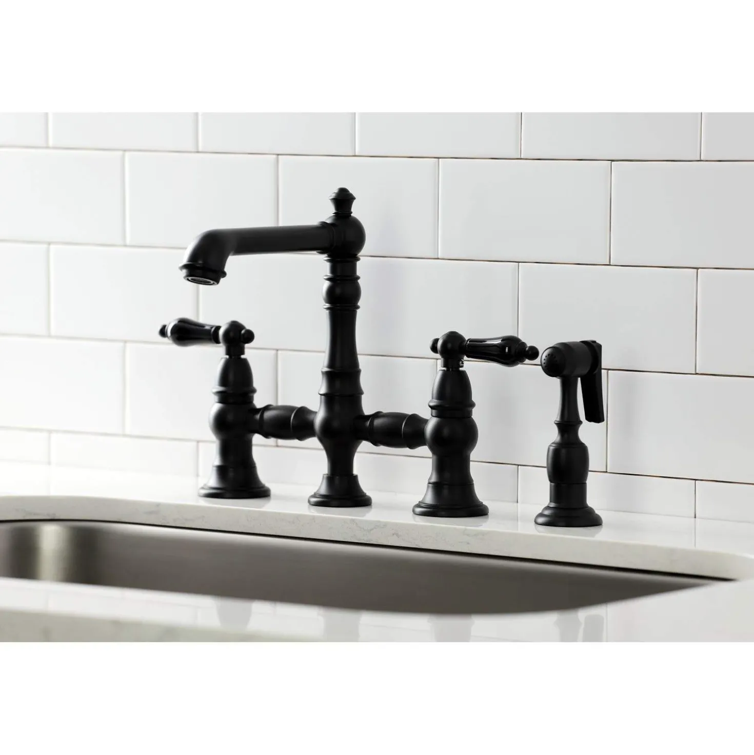 Kingston Brass KS727XPKLBS-P Duchess Bridge Kitchen Faucet with Brass Sprayer