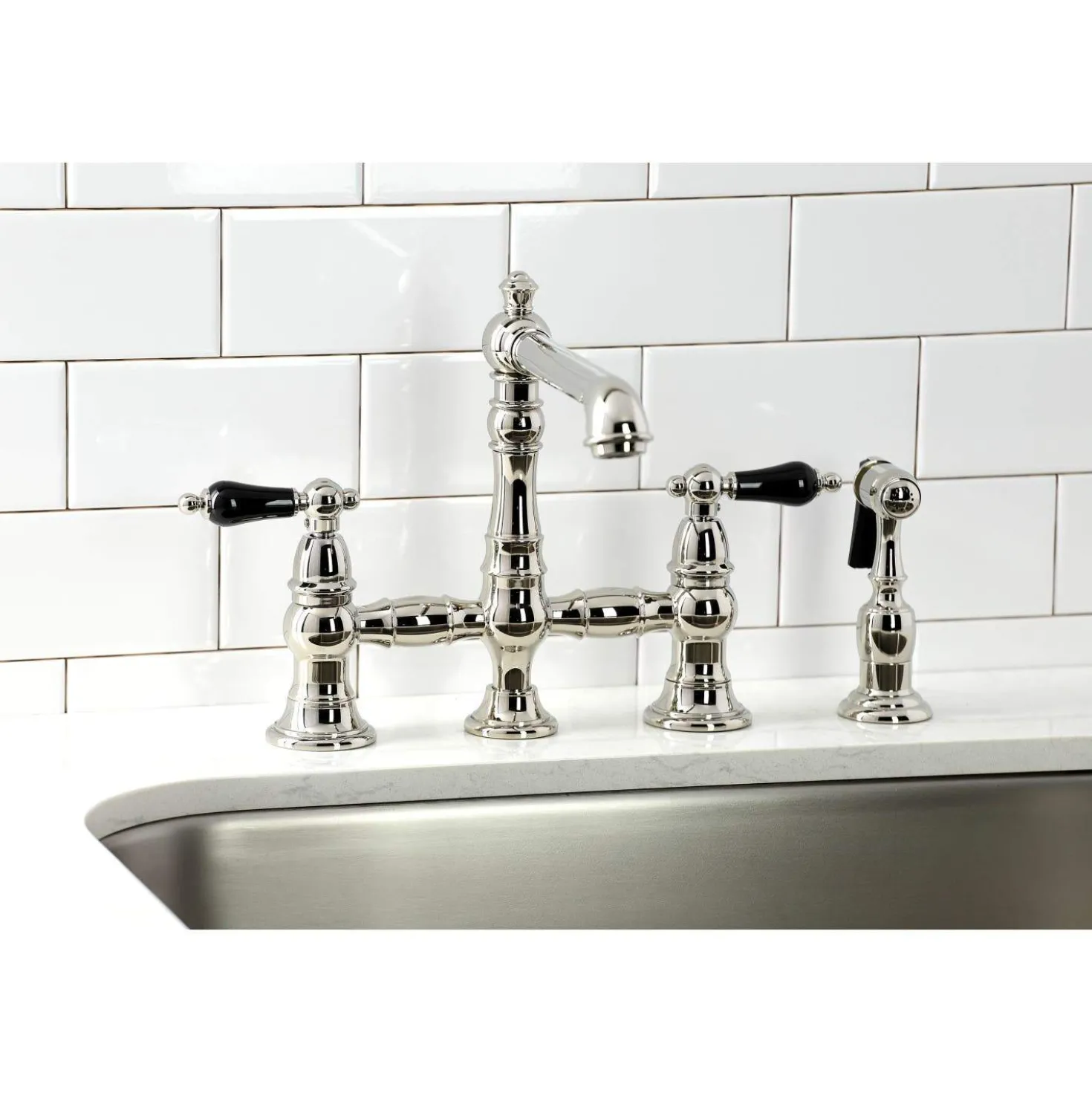 Kingston Brass KS727XPKLBS-P Duchess Bridge Kitchen Faucet with Brass Sprayer