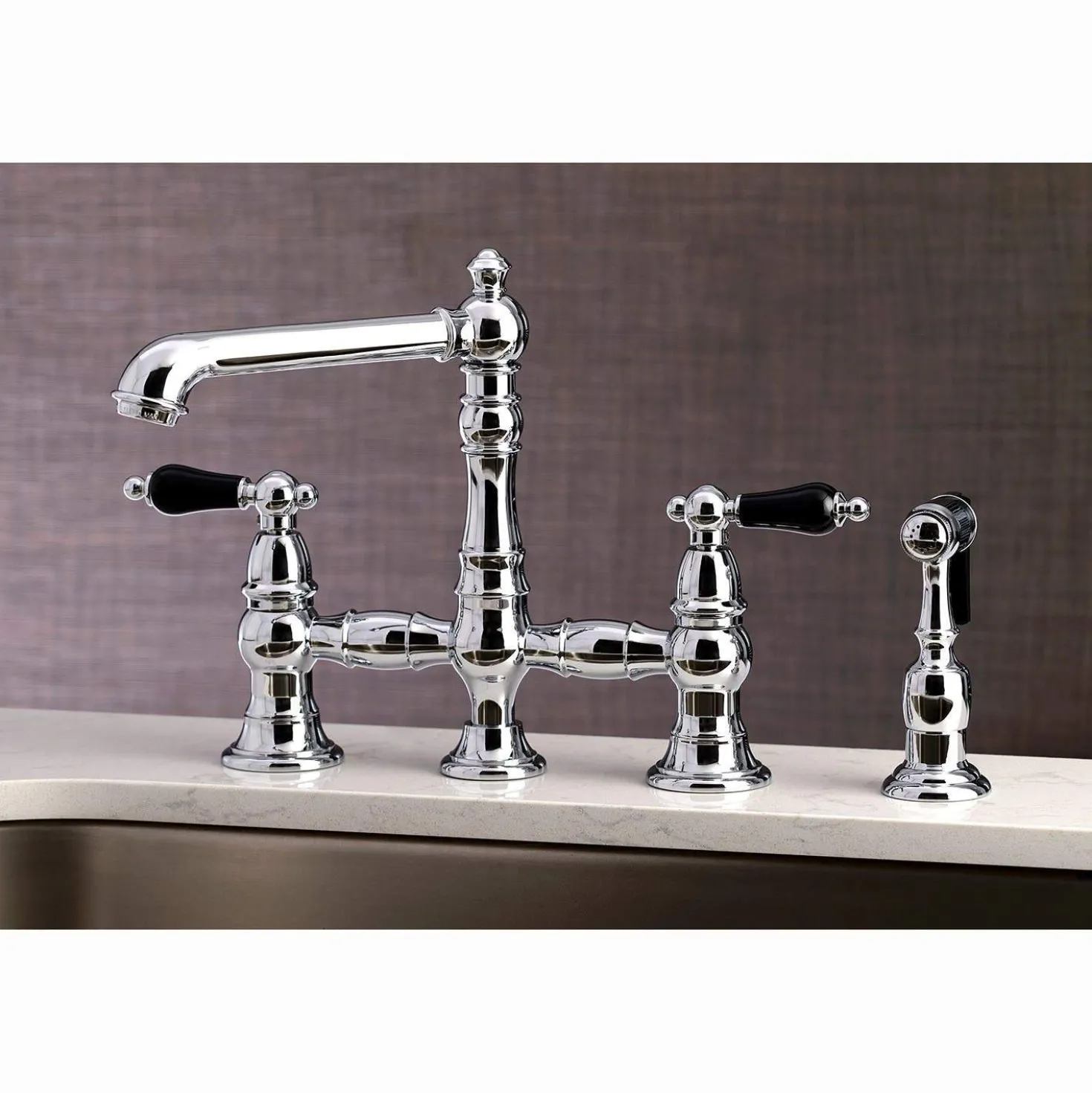 Kingston Brass KS727XPKLBS-P Duchess Bridge Kitchen Faucet with Brass Sprayer